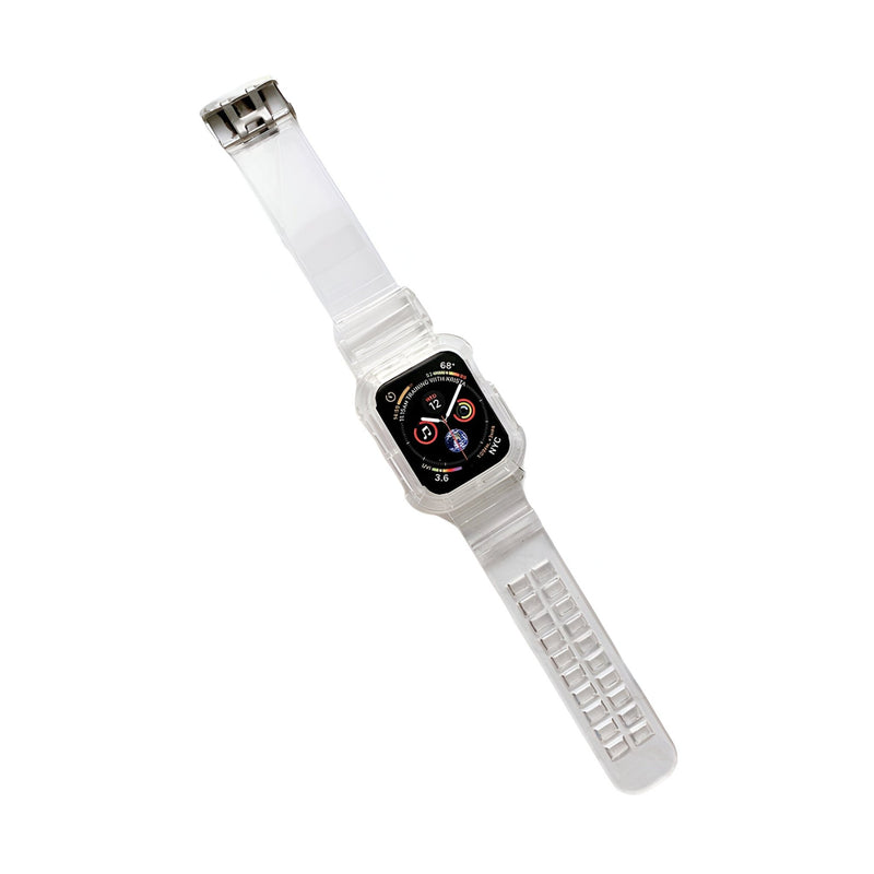 Bracelet Apple Watch en silicone blanc translucide pour femme, modèle Indra, taille ajustable.