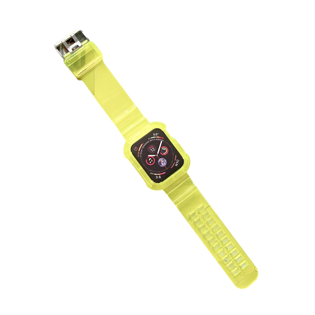 Bracelet Apple Watch silicone jaune vif avec boucle métal ajustable, modèle Indra.