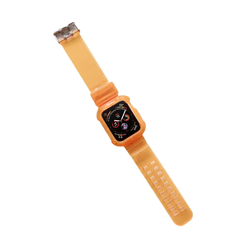 Bracelet Apple Watch en silicone orange avec boucle argentée, design ajustable pour femme, modèle Indra.