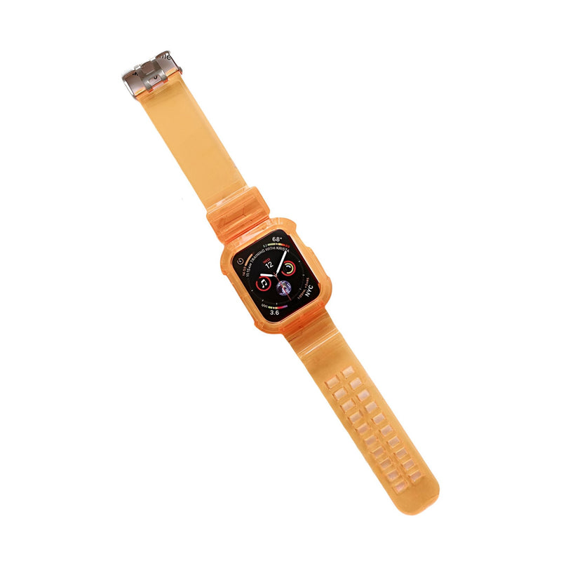 Bracelet Apple Watch en silicone orange avec boucle argentée, design ajustable pour femme, modèle Indra.