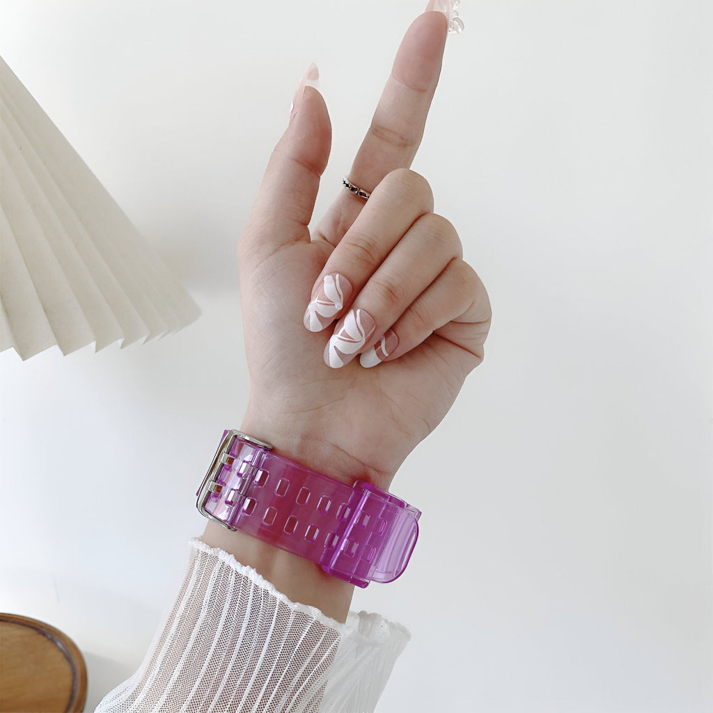 Bracelet Apple Watch violet transparent en silicone pour femme, boucle ajustable, modèle Indra.