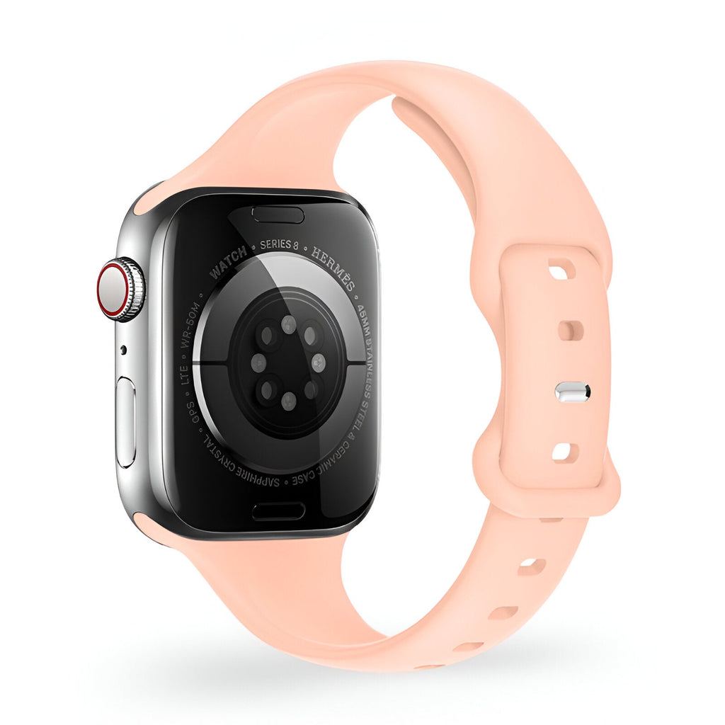 Bracelet Apple Watch silicone rose saumon modèle Kairo femme taille 38-42 mm, boucle ajustable.