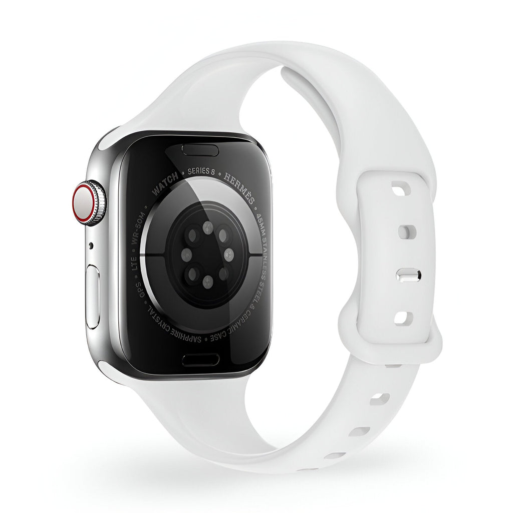 Bracelet Apple Watch en silicone blanc pour femme, modèle Kairo, boucle ajustable.