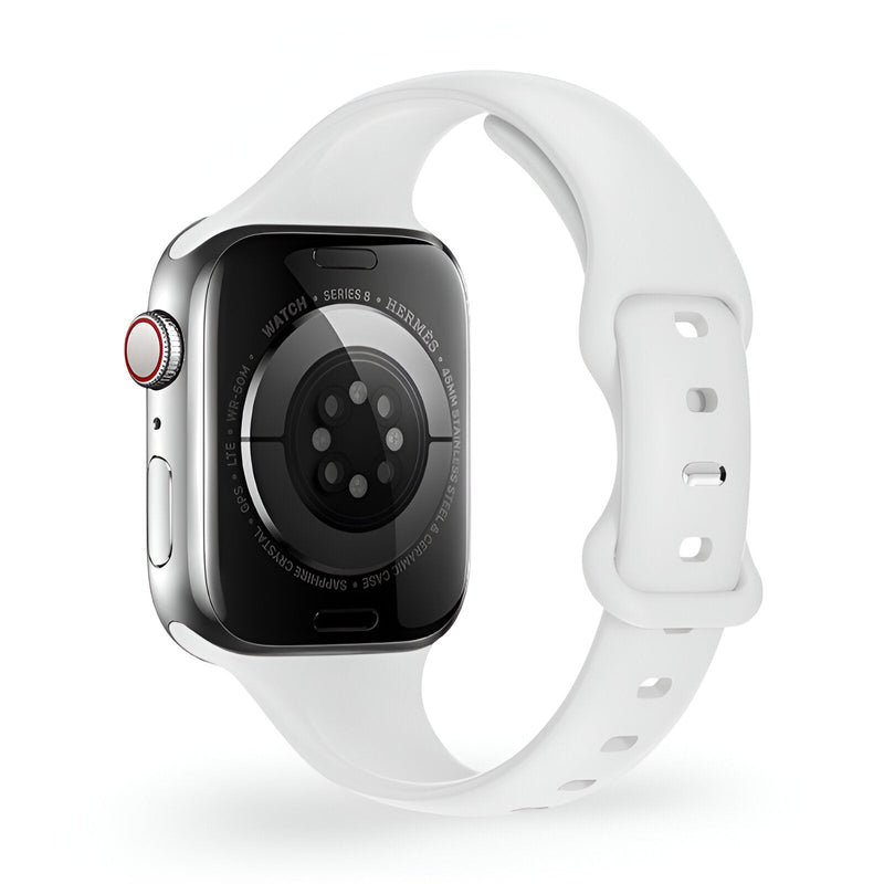 Bracelet Apple Watch en silicone blanc pour femme, modèle Kairo, boucle ajustable.