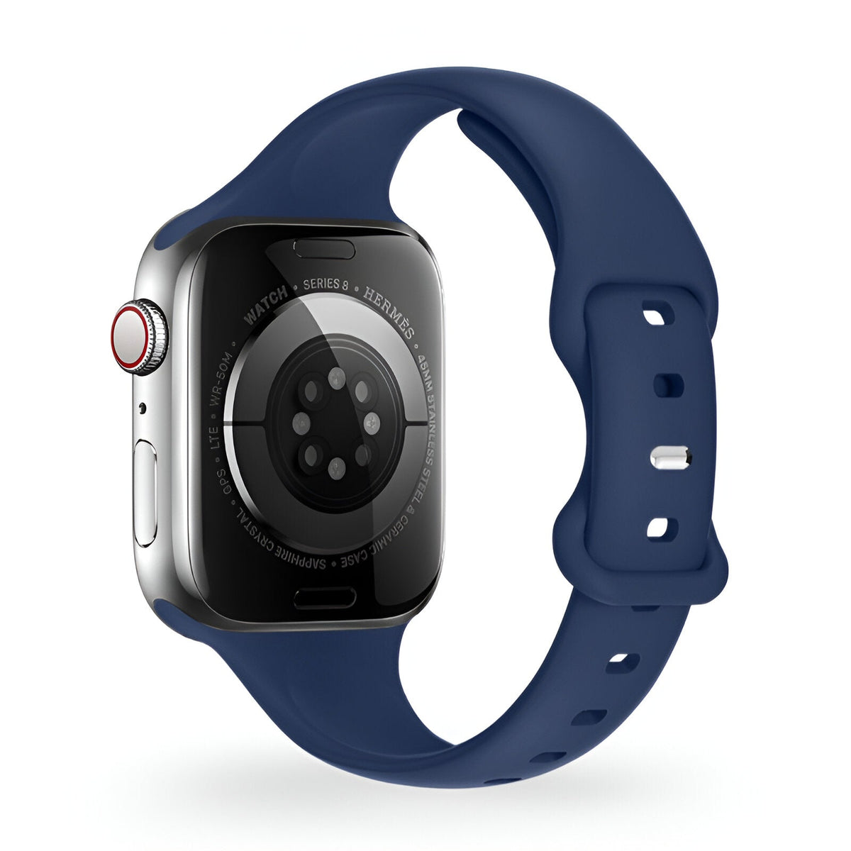 Bracelet Apple Watch silicone bleu marine modèle Kairo, boucle ajustable, pour femme.