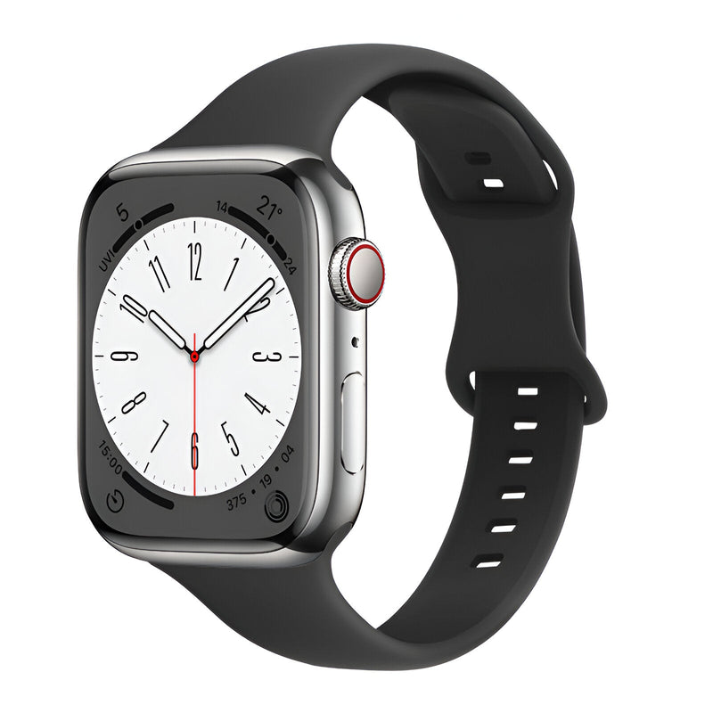 Bracelet Apple Watch en silicone noir lisse pour femme, modèle Kairo, boucle ajustable.