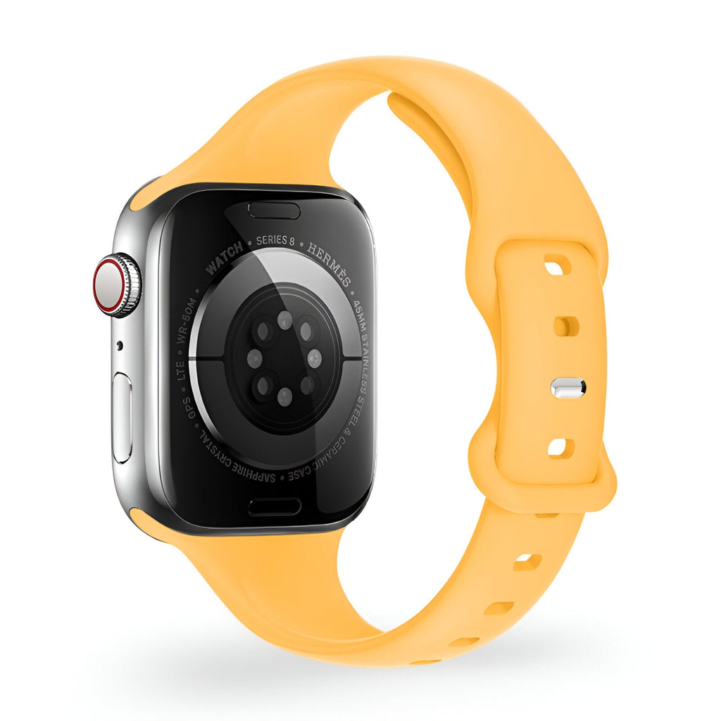 Bracelet Apple Watch en silicone jaune, fermeture réglable, modèle Kairo pour femme.