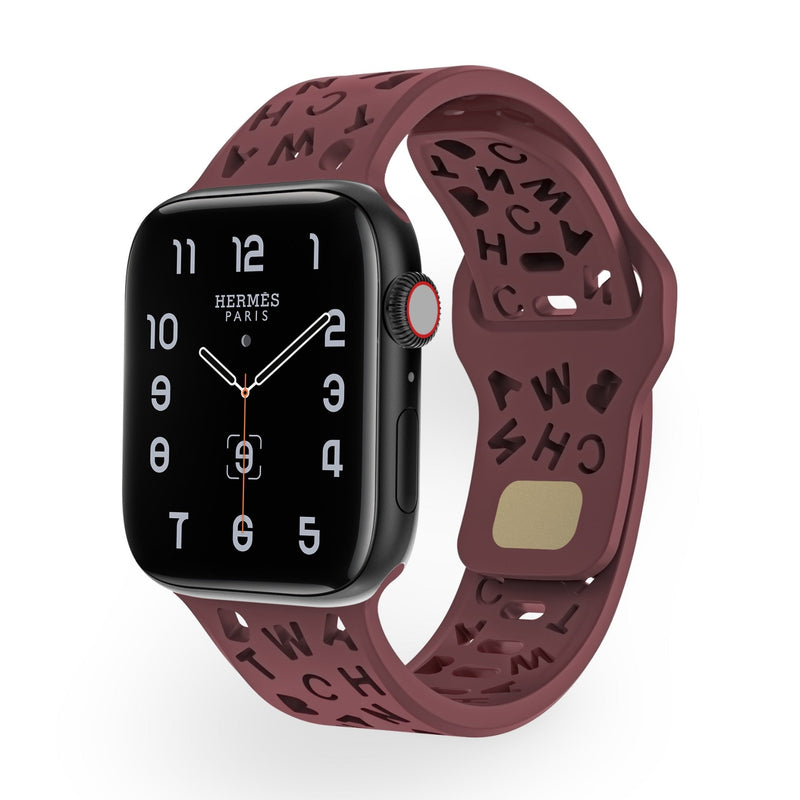 Bracelet Apple Watch en silicone bordeaux avec motifs lettres noirs, pour femme modèle Rona.