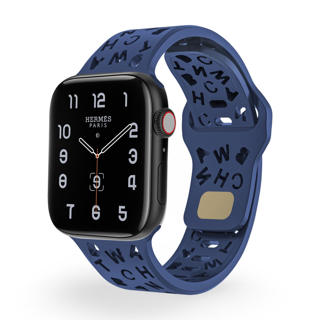 Bracelet Apple Watch silicone bleu avec motifs lettres noires pour femme modèle Rona, 38 à 42 mm.