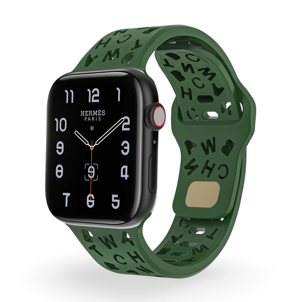 Bracelet Apple Watch en silicone vert avec motifs lettres noirs, style femme, modèle Rona.