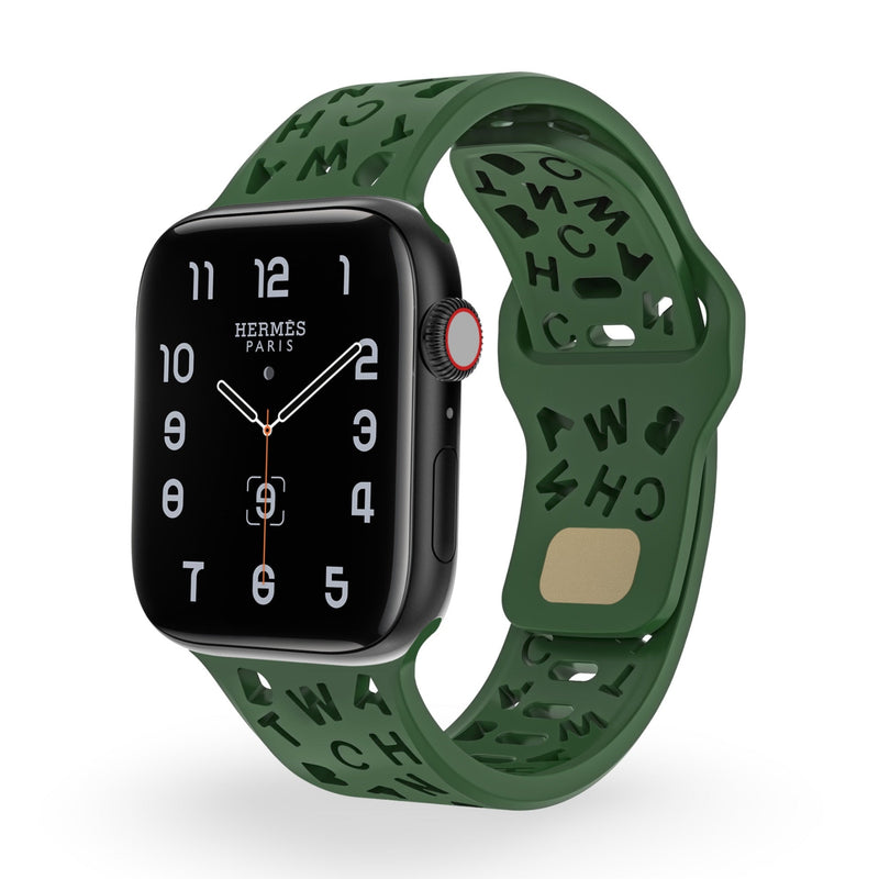 Bracelet Apple Watch en silicone vert avec motifs lettres noirs, style femme, modèle Rona.
