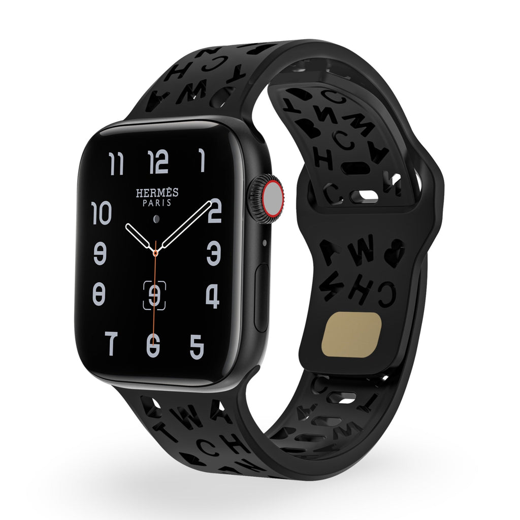 Bracelet Apple Watch en silicone noir avec motifs lettrés découpés, modèle Rona pour femme.