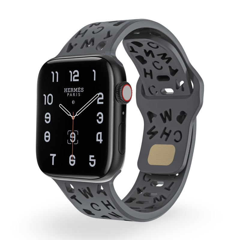 Bracelet Apple Watch en silicone gris à motifs lettres noires, conçu pour femme, style Rona.