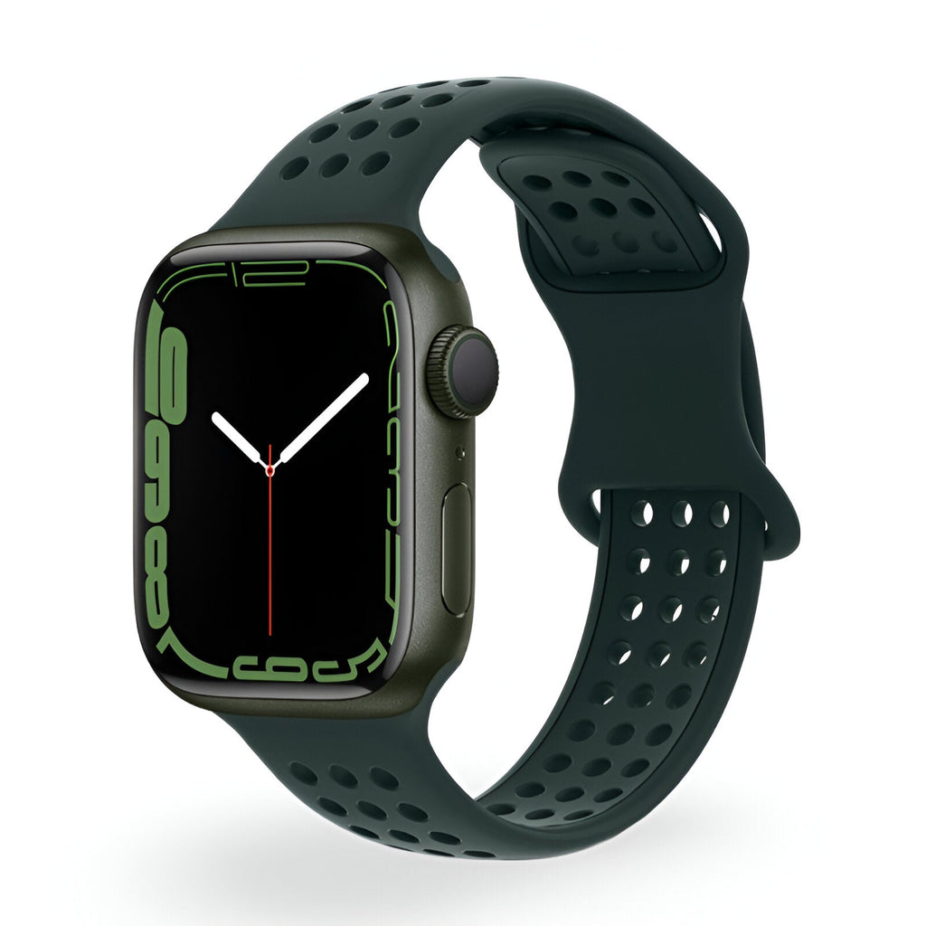Bracelet Apple Watch en silicone vert foncé perforé pour femme, modèle Yara, taille 43-49 mm.