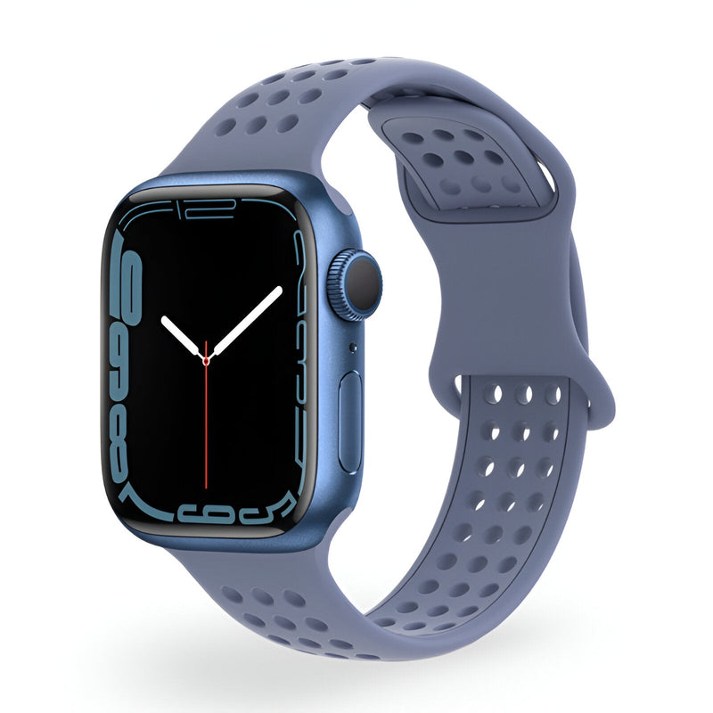 Bracelet Apple Watch en silicone bleu clair perforé, modèle Yara, taille 38 à 42 mm.