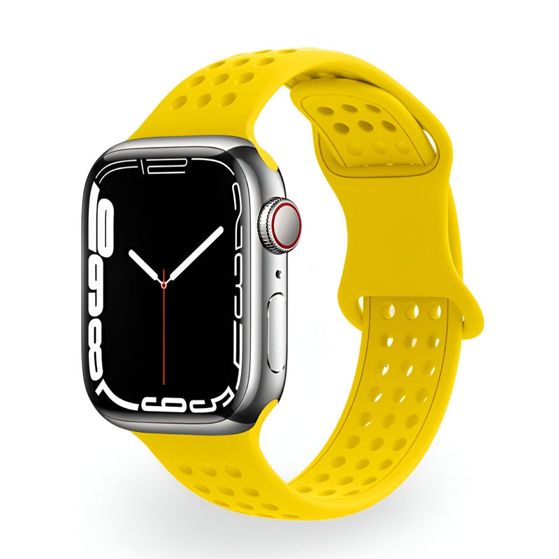 Bracelet Apple Watch en silicone jaune vif avec perforations, modèle Yara pour femme, taille 38-42 mm.