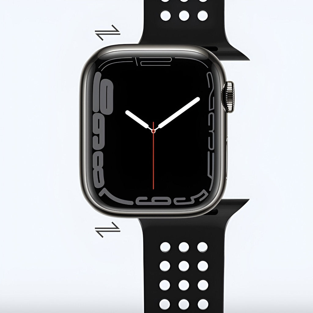 Bracelet noir en silicone perforé pour Apple Watch, adapté 38 à 42 mm, style sportif et aéré.