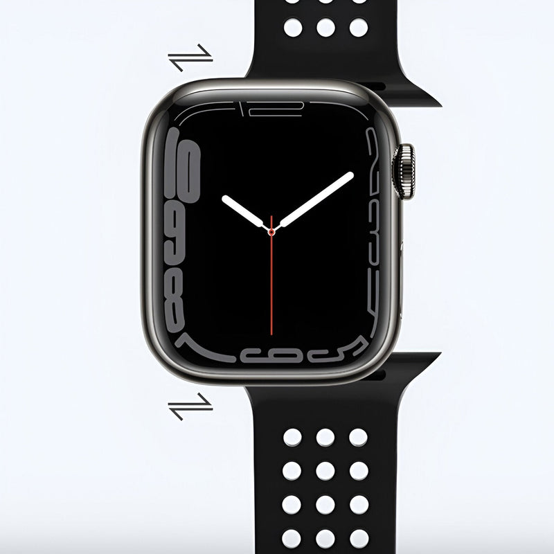 Bracelet noir en silicone perforé pour Apple Watch, adapté 38 à 42 mm, style sportif et aéré.