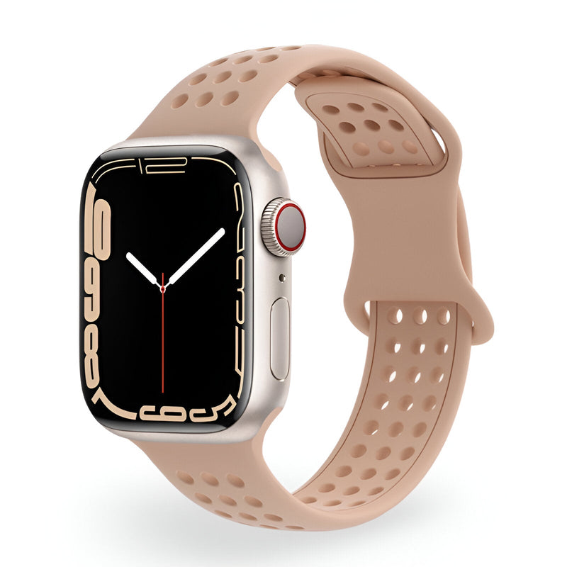 Bracelet Apple Watch en silicone beige clair à perforations pour femme modèle Yara.
