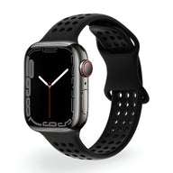 Bracelet Apple Watch en silicone noir perforé, modèle Yara pour femme, taille ajustable 38 à 42 mm.