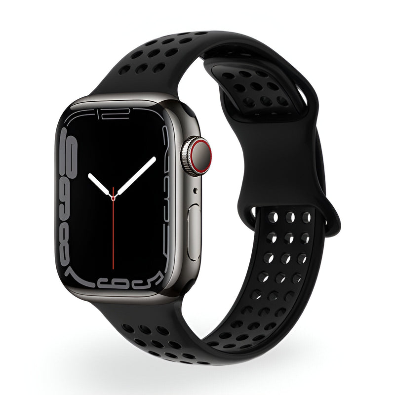 Bracelet Apple Watch en silicone noir perforé, modèle Yara pour femme, taille ajustable 38 à 42 mm.