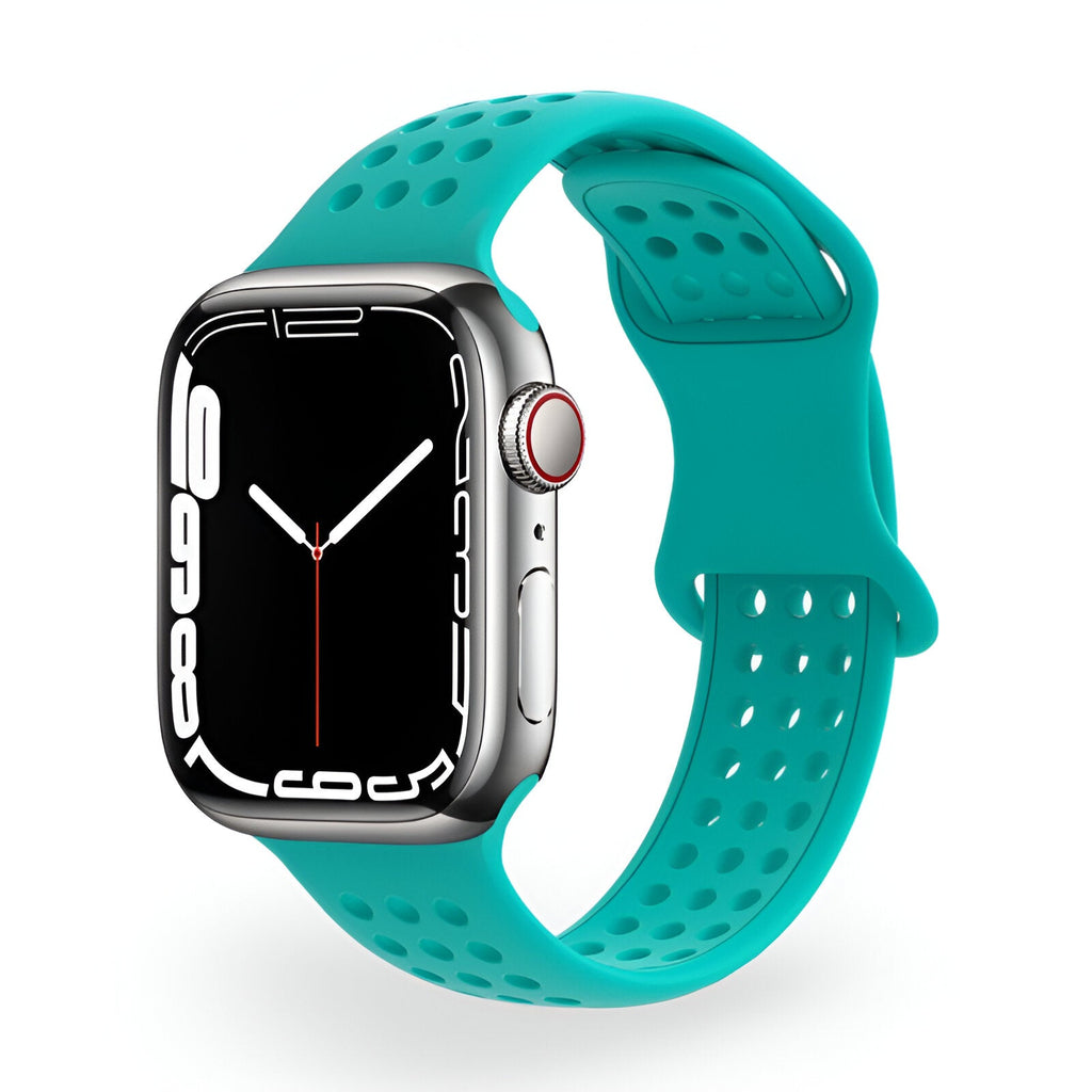 Bracelet en silicone turquoise perforé pour Apple Watch, modèle Yara, pour femme.