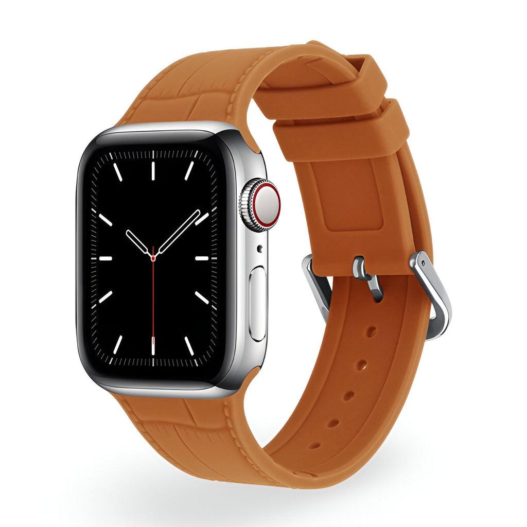 Bracelet en silicone couleur café pour Apple Watch, modèle femme Zora, style texturé.