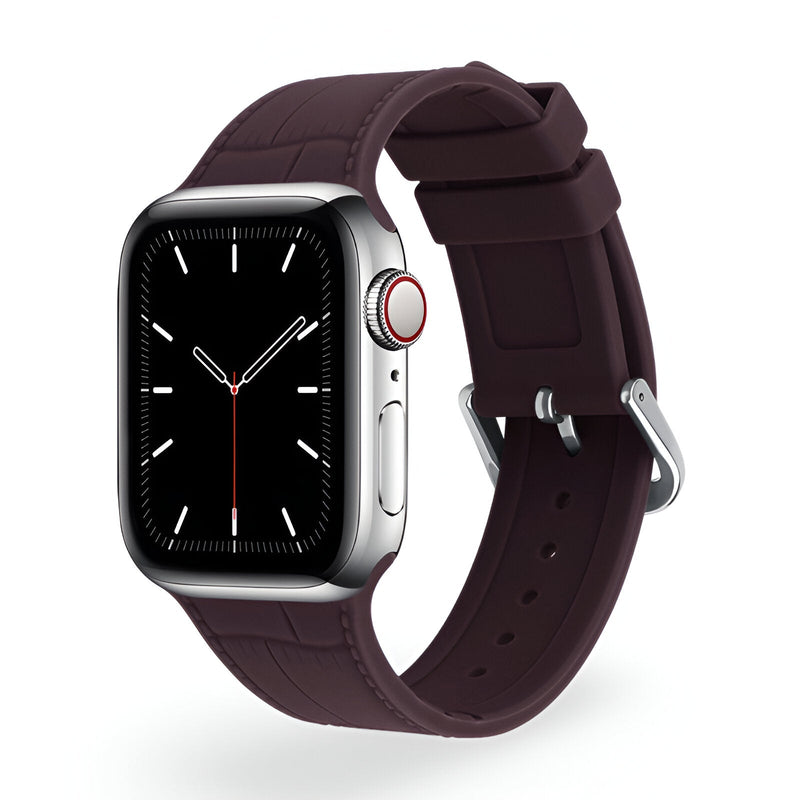 Bracelet en silicone bordeaux pour Apple Watch, style Zora, boucle argentée, pour femme, taille 38-42 mm.