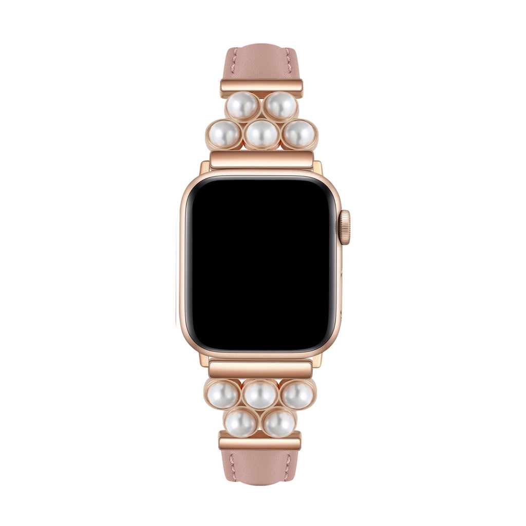 Bracelet Apple Watch rose en simili vegan orné de perles nacrées élégantes.