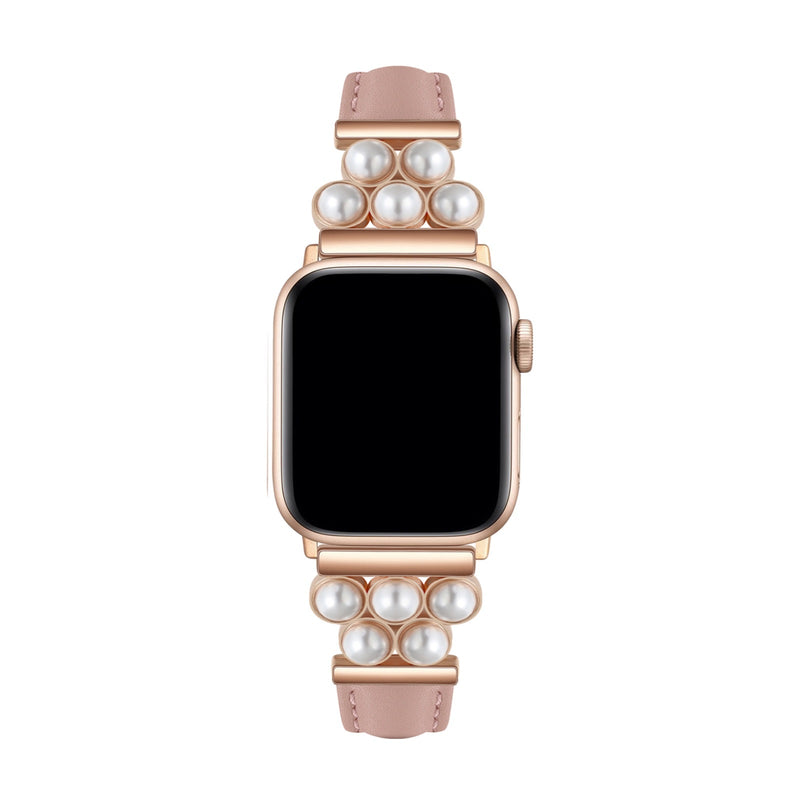 Bracelet Apple Watch rose en simili vegan orné de perles nacrées élégantes.
