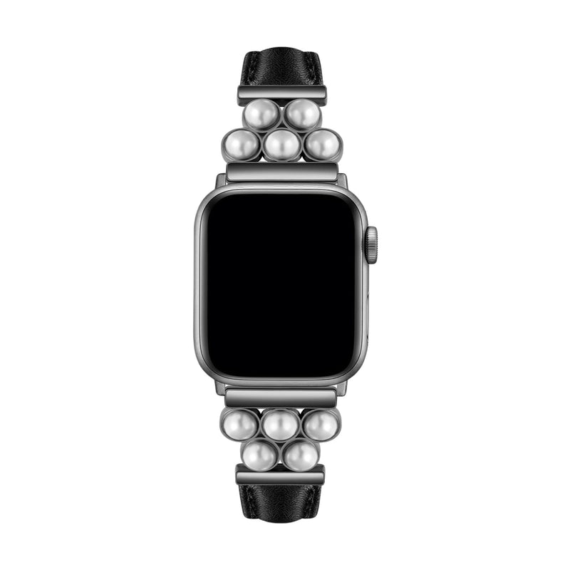 Bracelet Apple Watch simili vegan noir orné de perles blanches élégantes, modèle Amira.