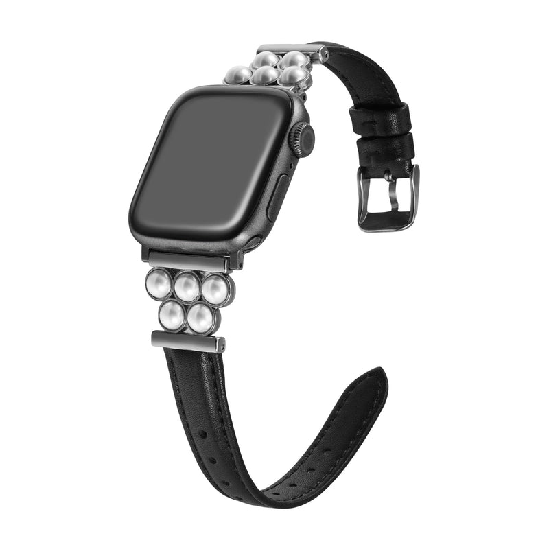 Bracelet Apple Watch noir en simili vegan orné de perles rondes blanches élégantes.