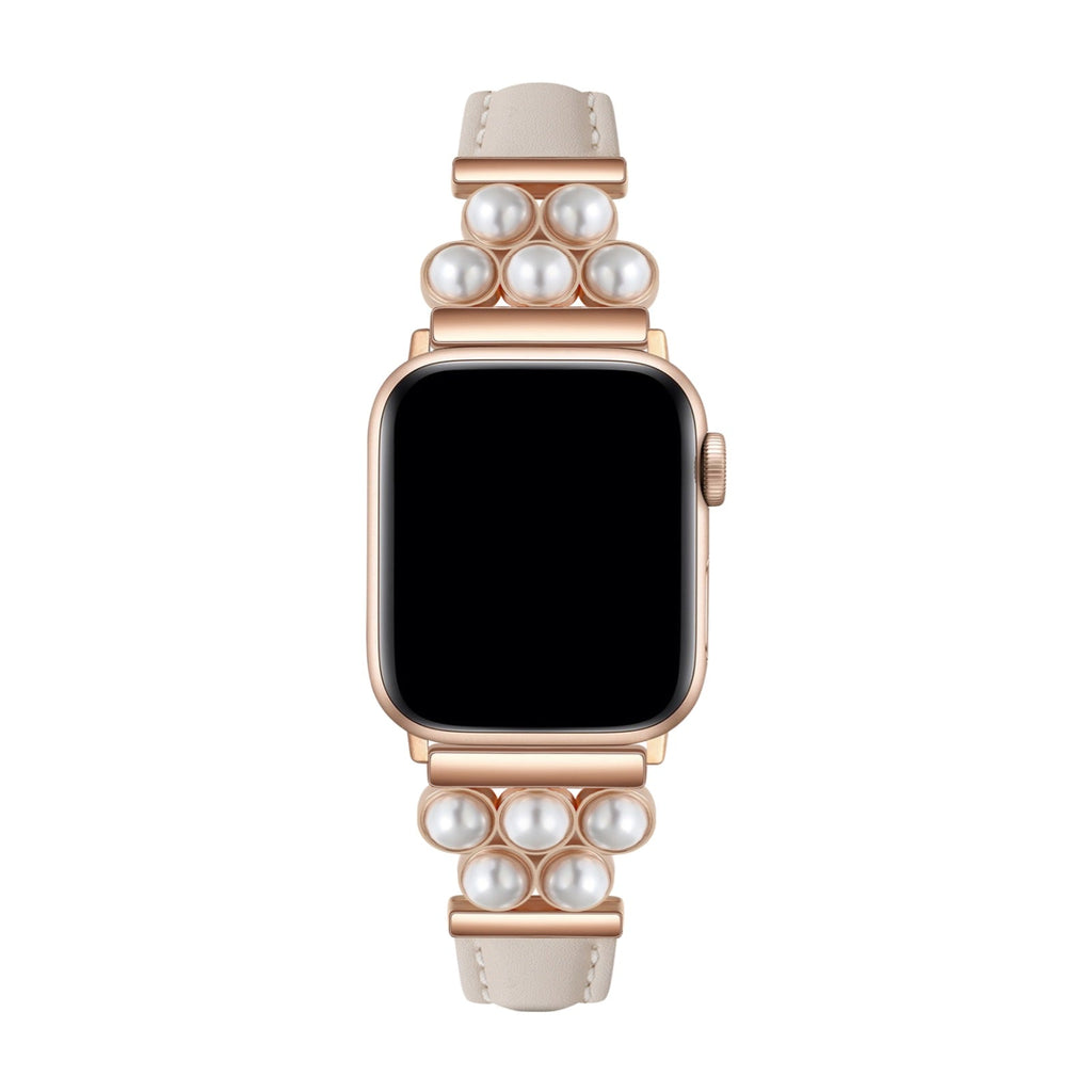 Bracelet Apple Watch taupe en simili vegan orné de perles blanches, modèle Amira, pour femme.