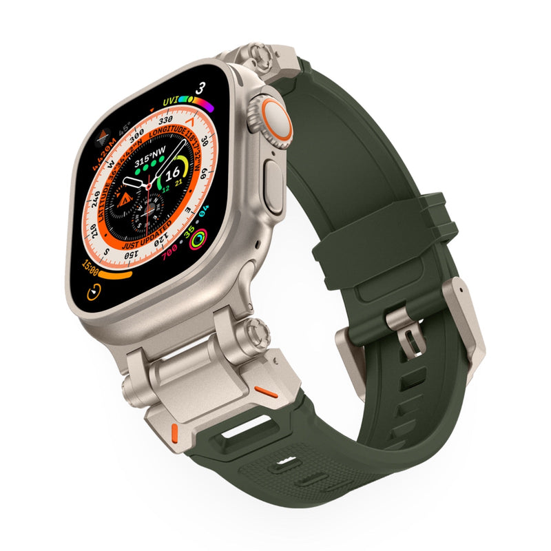 Bracelet Apple Watch vert en thermoplastique, boucle argent, design mixte modèle Carmen.