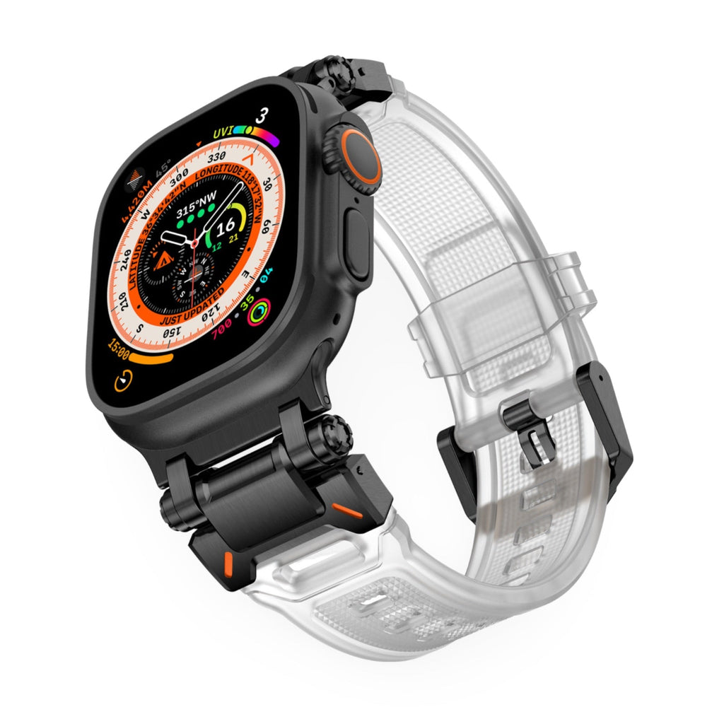 Bracelet transparent et noir en thermoplastique pour Apple Watch, ajustable 43-49 mm.