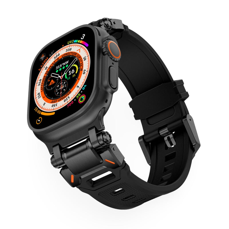 Bracelet Apple Watch mixte en thermoplastique noir avec détails orange et boucle métallique noire.