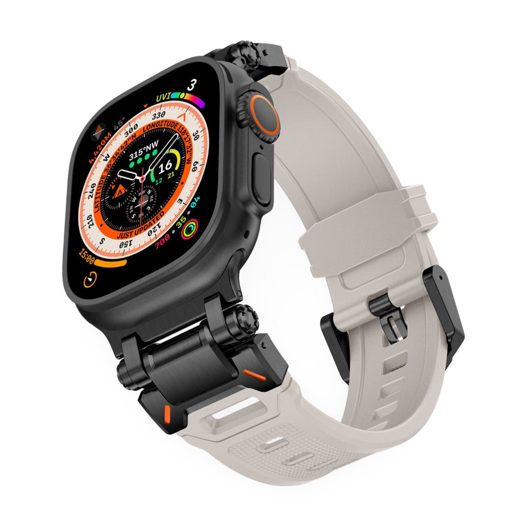 Bracelet Apple Watch mixte Carmen en thermoplastique, blanc et noir, boucle noire et argentée.