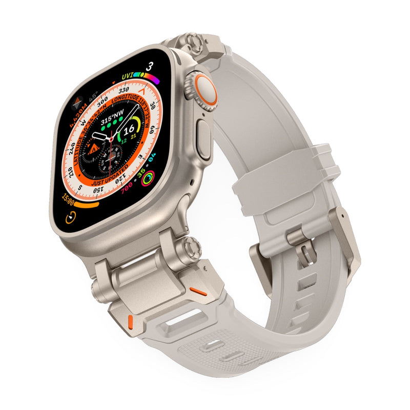 Bracelet Apple Watch thermoplastique gris clair modèle Carmen avec boucle réglable et détails orange.