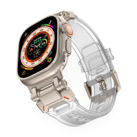 Bracelet mixte Apple Watch Carmen en thermoplastique transparent avec boucle argentée.