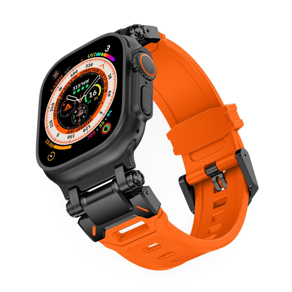 Bracelet Apple Watch thermoplastique orange avec attaches noires, style moderne et sportif.
