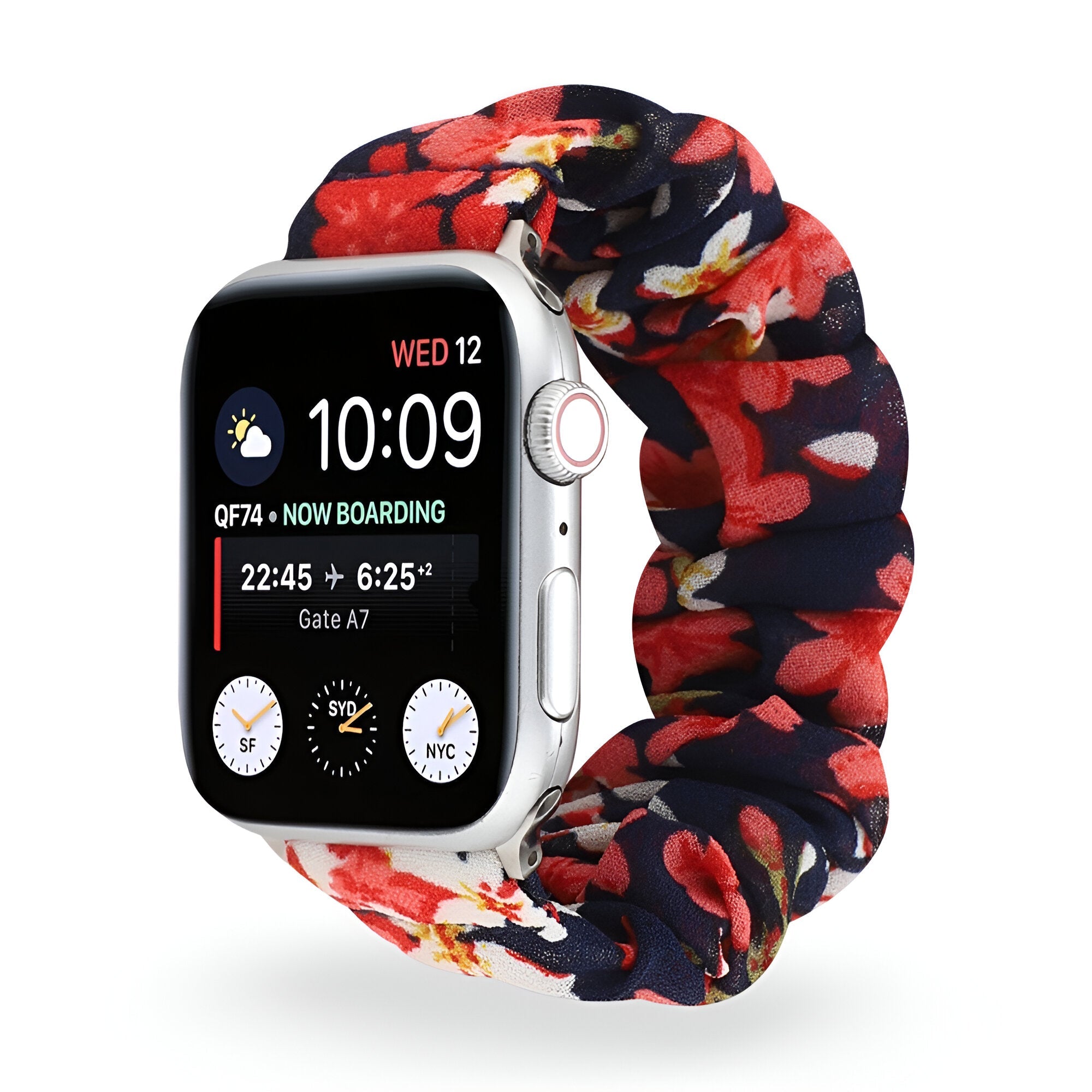 Bracelet de montre connectée, Apple Watch, en tissus élastique floral, pour femme, modèle Leyra - La Boutique du Bracelet