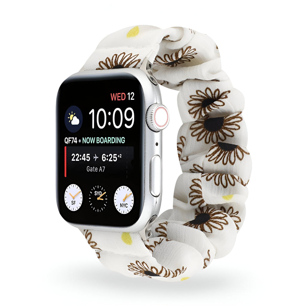 Bracelet Apple Watch en tissu élastique blanc avec motif floral marron clair élégant.