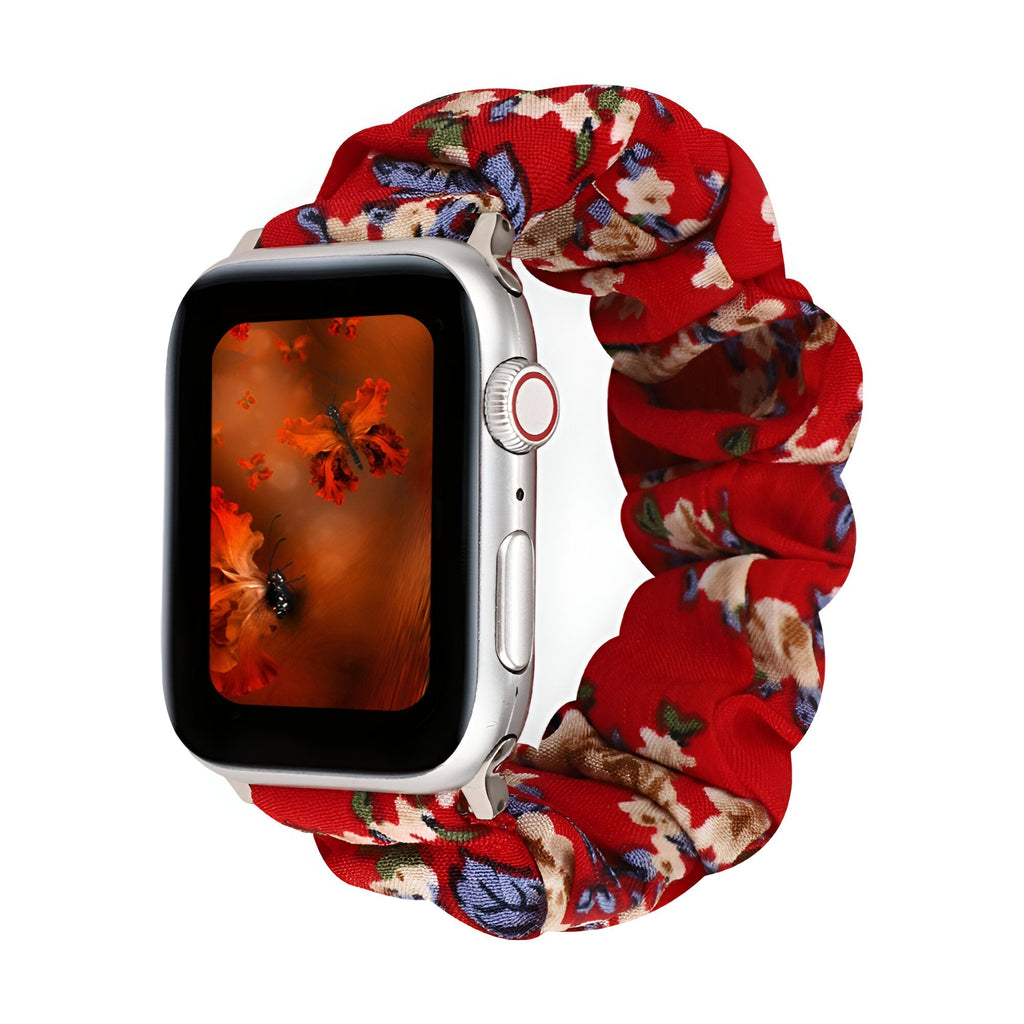 Bracelet élastique rouge à motifs floraux pour Apple Watch, style Leyra, pour femme.