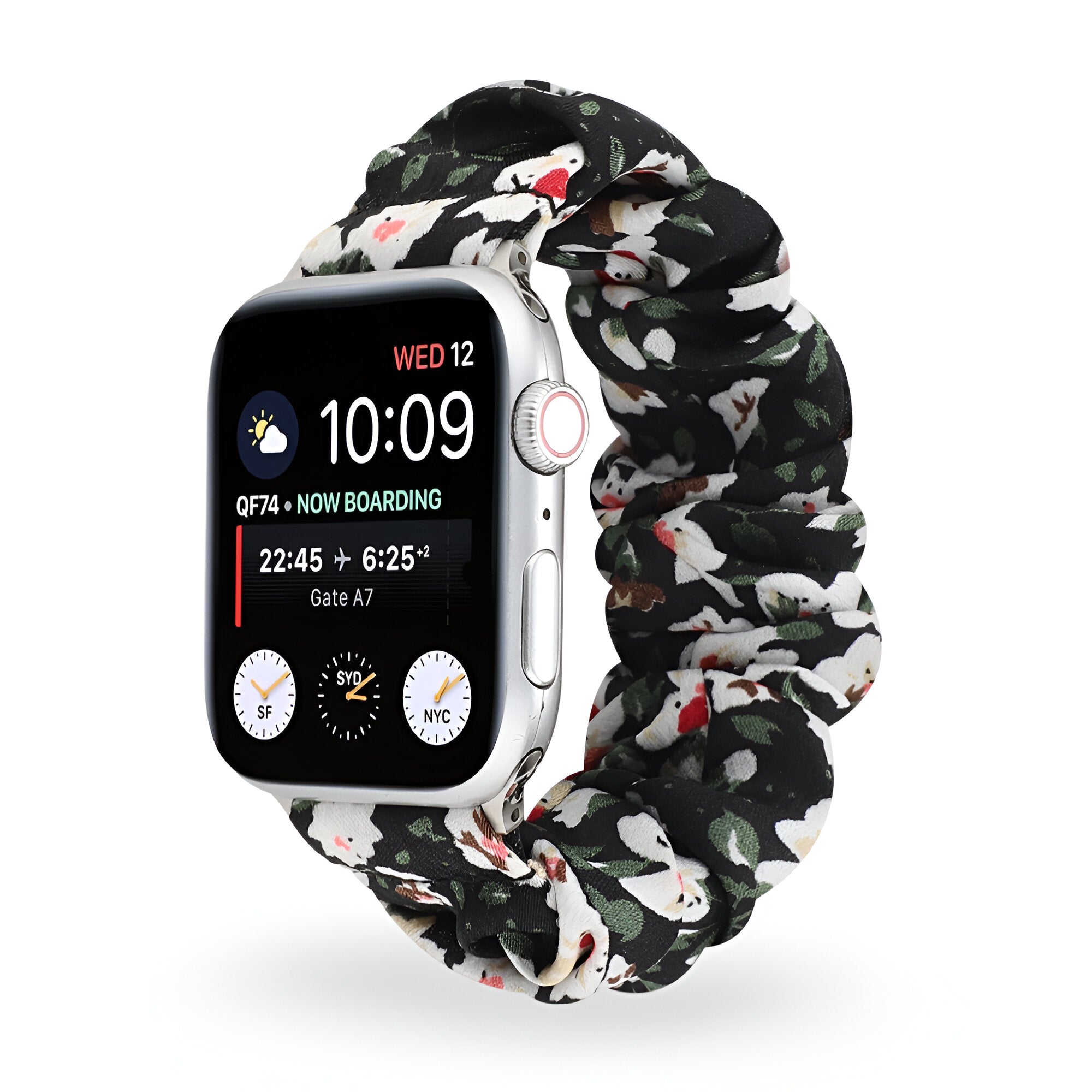 Bracelet de montre connectée, Apple Watch, en tissus élastique floral, pour femme, modèle Leyra - La Boutique du Bracelet