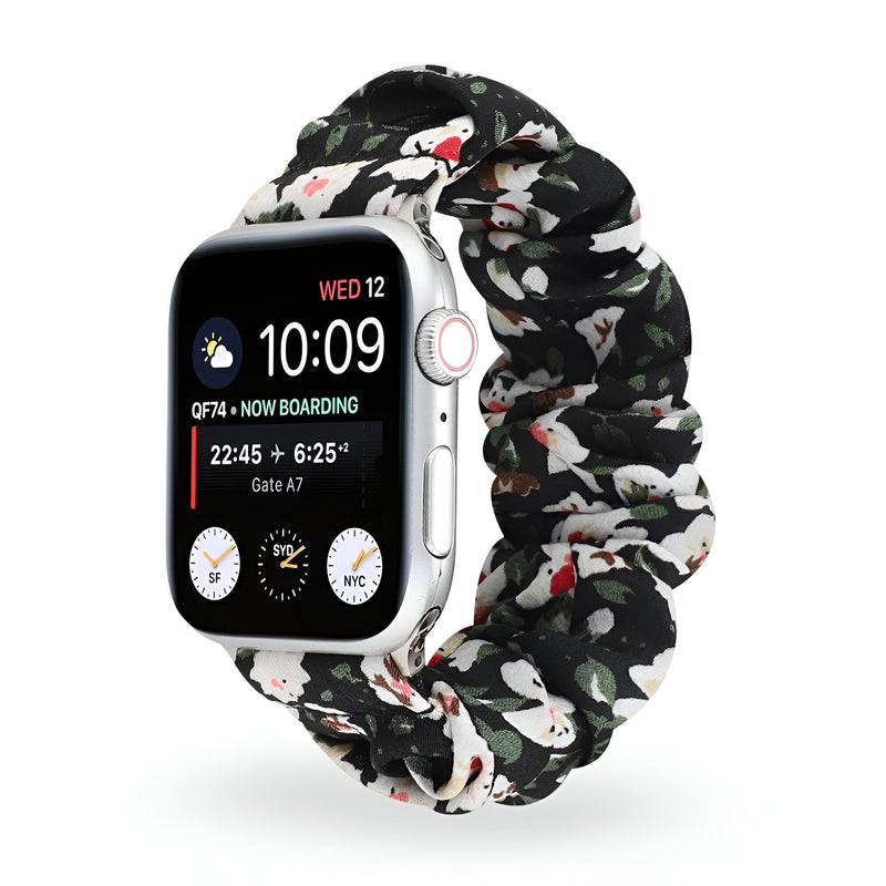 Bracelet élastique floral noir pour Apple Watch avec fleurs blanches et rouges, style Leyra.