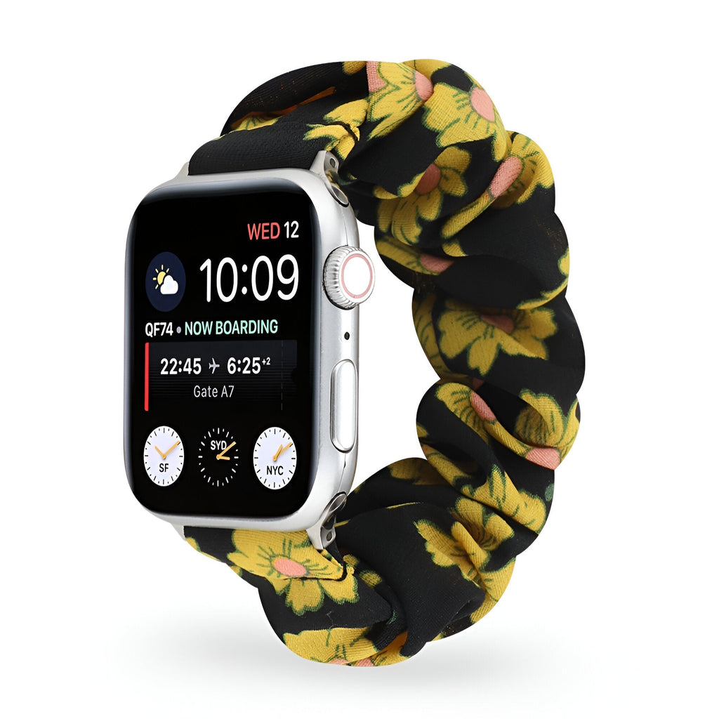 Bracelet Apple Watch en tissu élastique noir avec motif floral jaune et rose, taille 38-42 mm.
