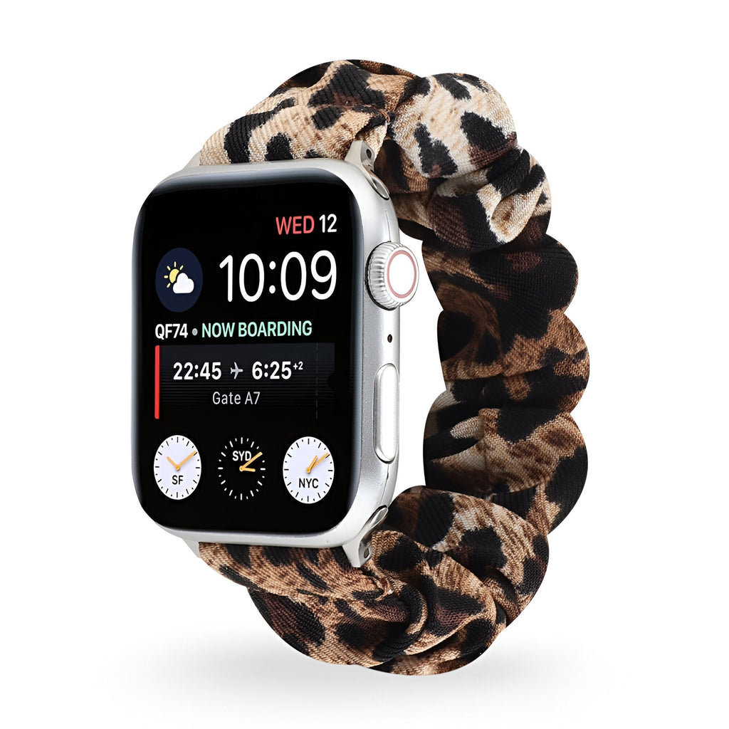 Bracelet élastique imprimé léopard beige et noir pour Apple Watch femme.