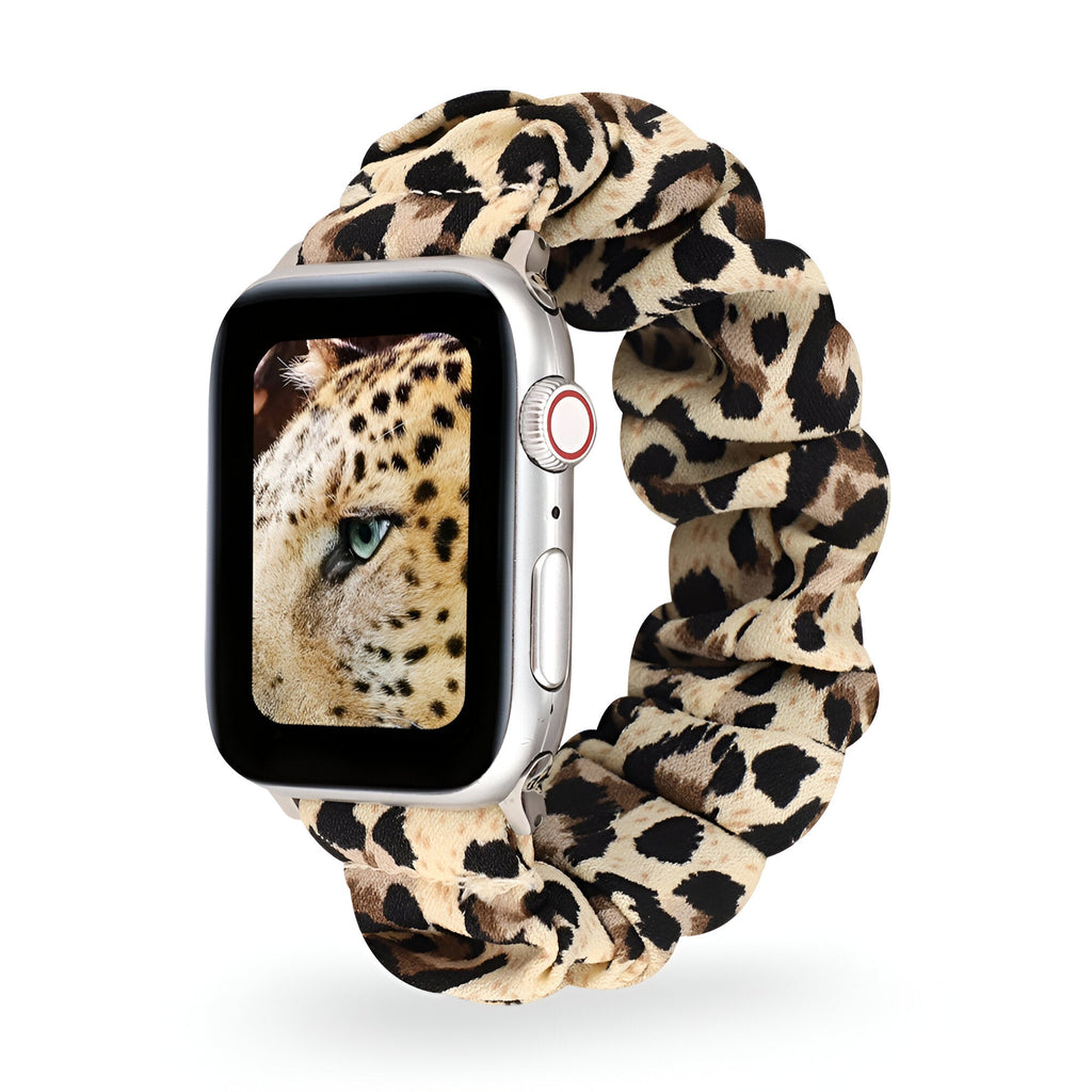Bracelet élastique en tissu imprimé léopard beige et noir pour Apple Watch femme.