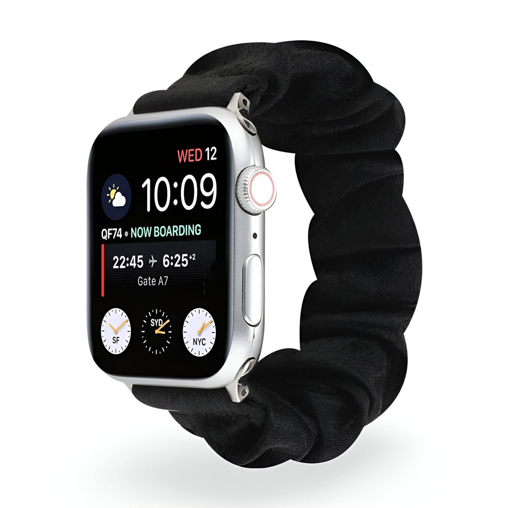 Bracelet élastique en tissu noir pour Apple Watch, style scrunchie, taille 38-42 mm.
