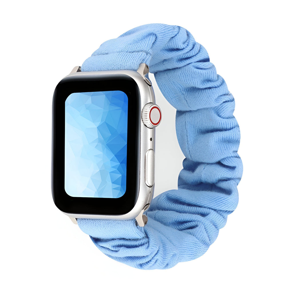 Bracelet élastique en tissu bleu clair pour Apple Watch femme, style Nyssara, ajustable.
